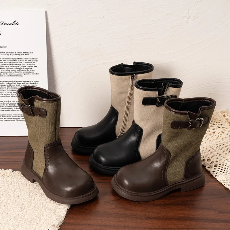 Kids Mid Calf Boots Side Zipper Boys Girls Fashion Leather Boots Non-slip Children Princess Long Boots Spring Winter New