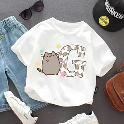 Pusheen Cat Girls T Shirt Letter A-Z Clothes Cute Tops Children's Clothing Summer Cute Kids Short Sleeve Tee Boys Birthday Gifts