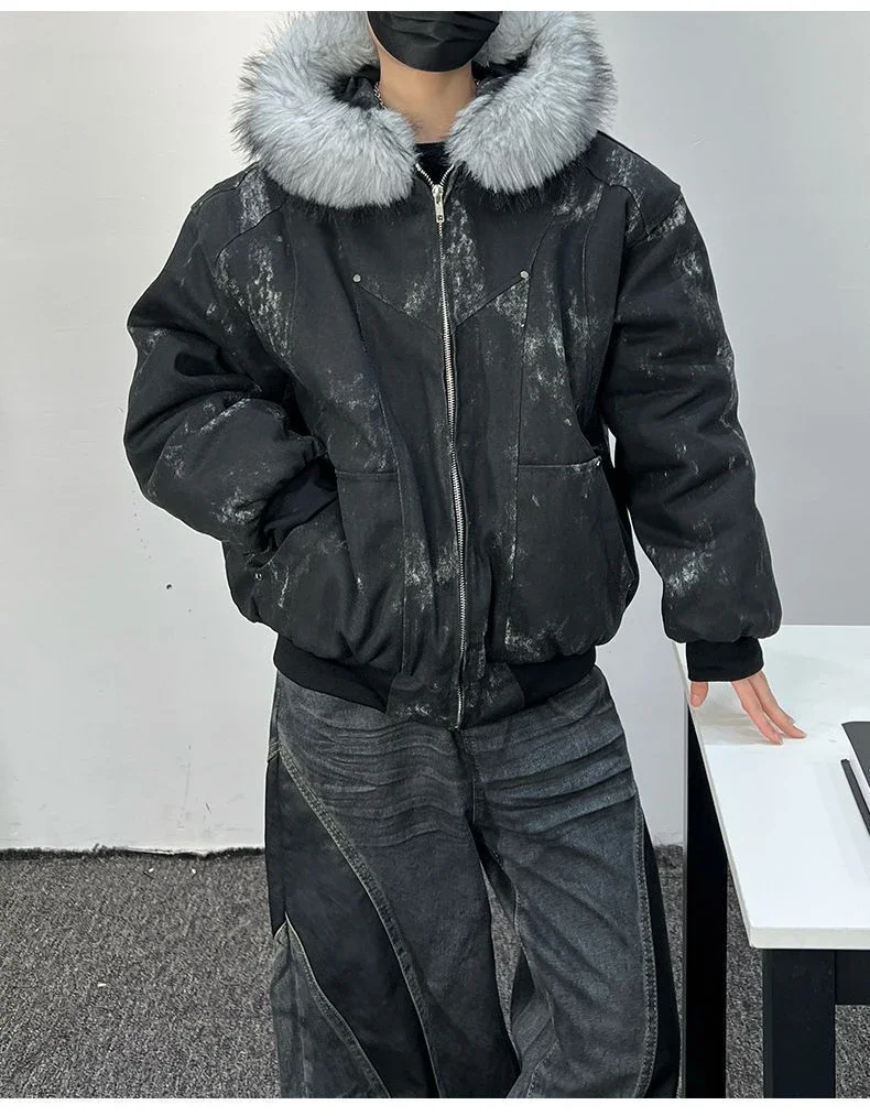 2025 new cotton jacket winter mountain carving thickened tie-dye fur collar set cotton jacket same style for men and women