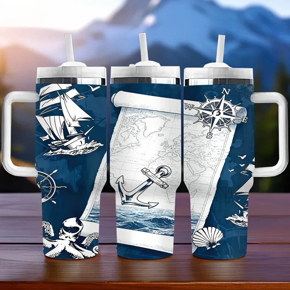 40oz Insulated Tumbler with Handle, Printed with Nautical Sailing Elements, Great As Holiday Birthday Gift, Suitable for Daily Use Outdoor Travel And Keeps Drinks Temperature Long Time