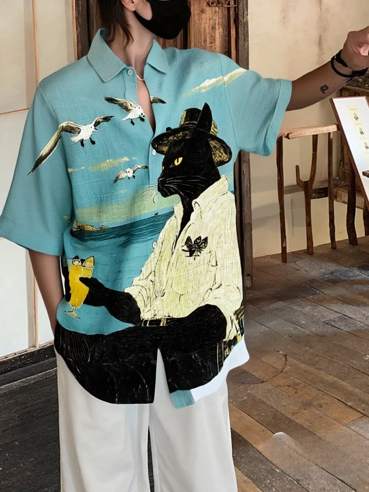 

Men's Vacation Beach Black Cat Cocktail Print Shirt Holiday Short Sleeve Lapel Collar Bohemian Chic Blue Shirts Casual Blouses