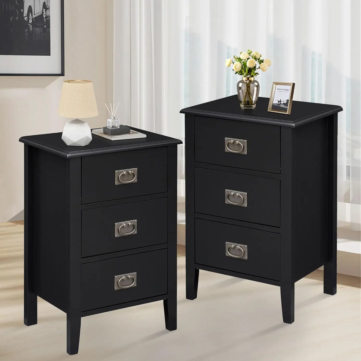 Nightstands Set of 2 End/Side Tables Living Room Bedroom Bedside, Vintage Accent Furniture Small Space, Solid Wood Legs