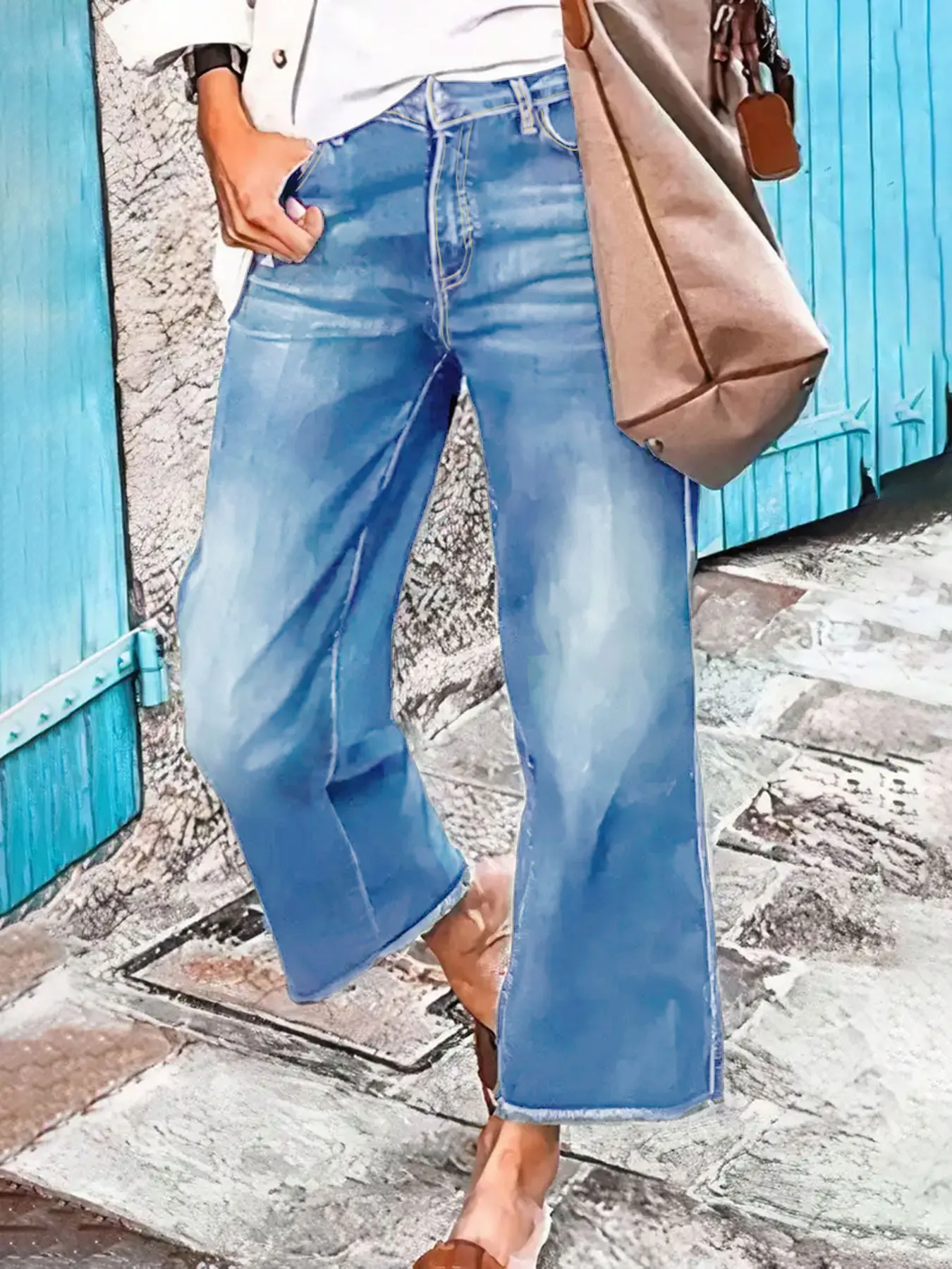 

Легкие широкие джинсы с необработанным подолом для женщин — двухцветные варианты синего и бирюзового цвета, со средней посадкой на талии, прямые джинсовые брюки с карманами