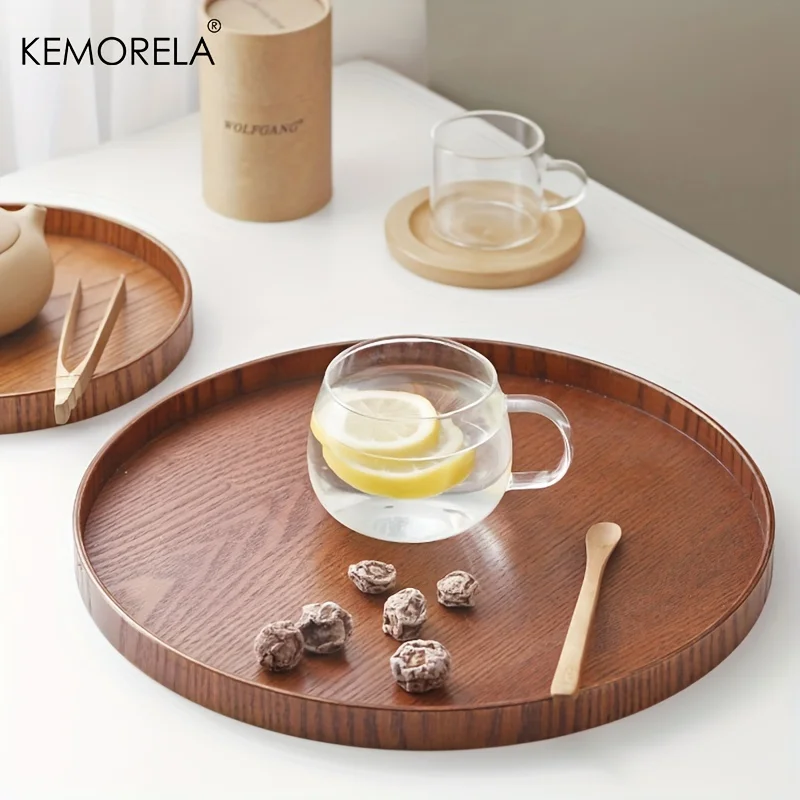 Kemorela 4 sizes Round Acacia Wood Serving Tray Decorative Tray Farmhouse Candle Holder Tray for Kitchen Counter Home Decoration