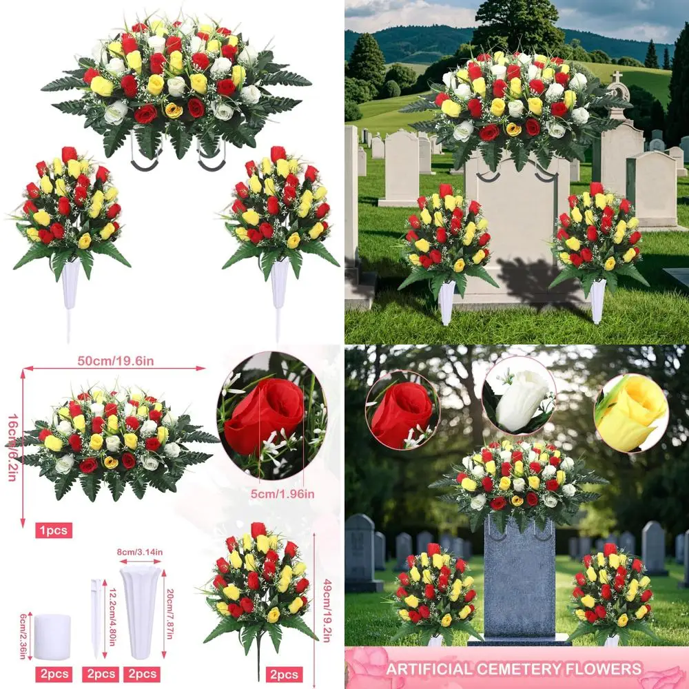 

Gravestone Memorial Flower Saddles with Vase and Bouquets in Red, Yellow, White