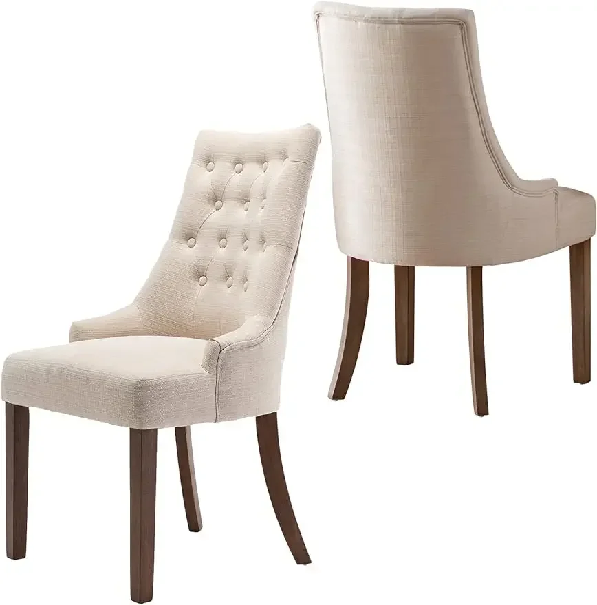 Wingback estofados cadeiras de jantar Set, Tecido Side Dining Room Cadeiras, Botão adornado, Cozinha e Resturant, Bege