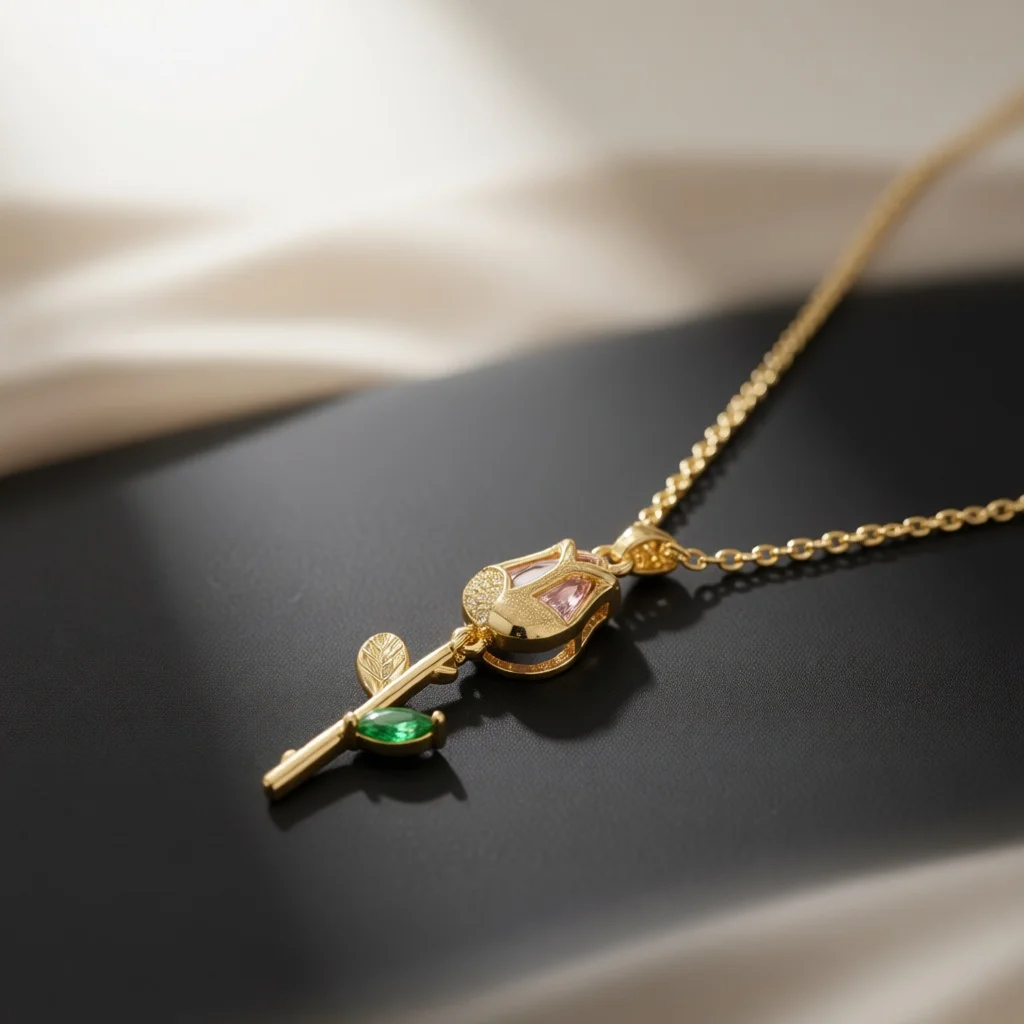 Romantic Dangling Rose Necklace Split Bud Pendant Stem Leaf Ornament Inlaid Stone Detail Delicate Fashion Jewelry Gift For Women