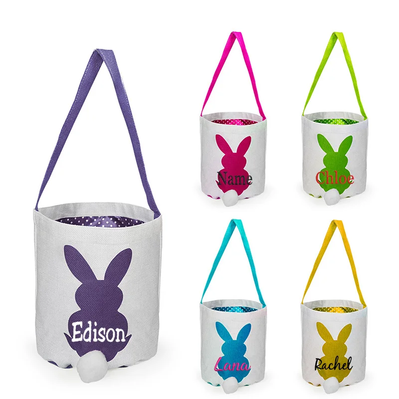 

Personalized Name Easter Lovely Cartoon Bunny Bucket Children's Candy Gift Basket with Bow Embroidered Custom Your Name Basket