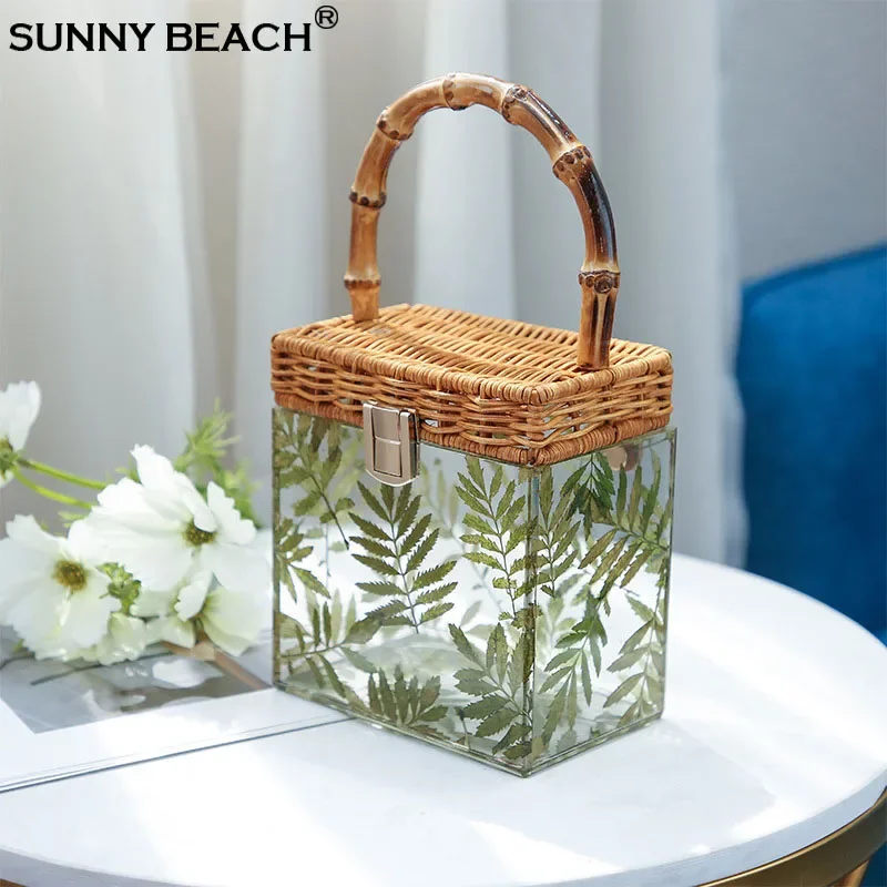 

SUNNY BEACH Acrylic Clear Straw Bags Women Bamboo Box Summer Handmade Woven Rattan Luxury Totes Bag Bohemia Handbag Bali