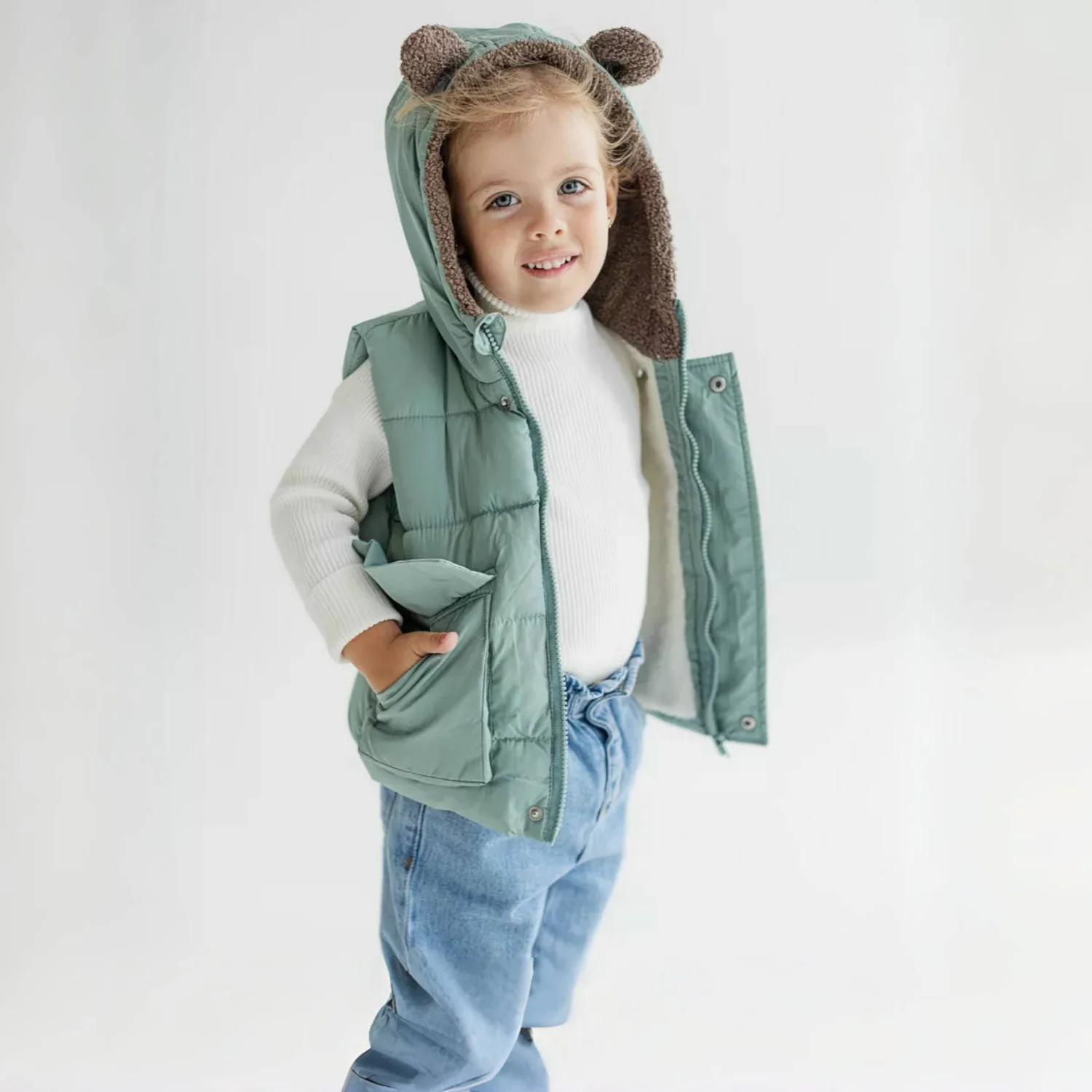 Spring/Autumn Kids Hooded Vest with Ears (1–7 Years) | Warm Gilet for Boys & Girls | 4 Colors (Green/White/Black/Gray)