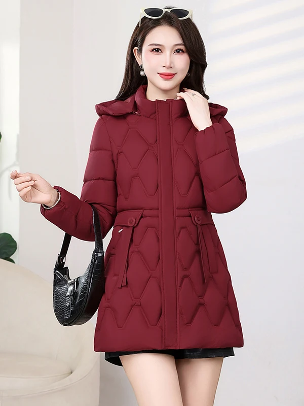 

Зимняя женская куртка средней длины, модная, приталенная, в корейском стиле, теплая, хлопковая, со съемным капюшоном, на молнии