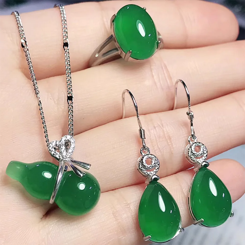 Natural Emperor Green Sun Green Jade Marrow Gourd Inlaid 925 Silver Pendant Earrings Ring Women's Jade Set