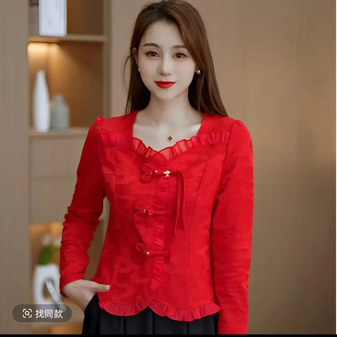 Nouveau haut Jacquard chinois à manches longues pour femmes au printemps nouveau Style coupe ajustée et haut boutonné de Style chinois mince