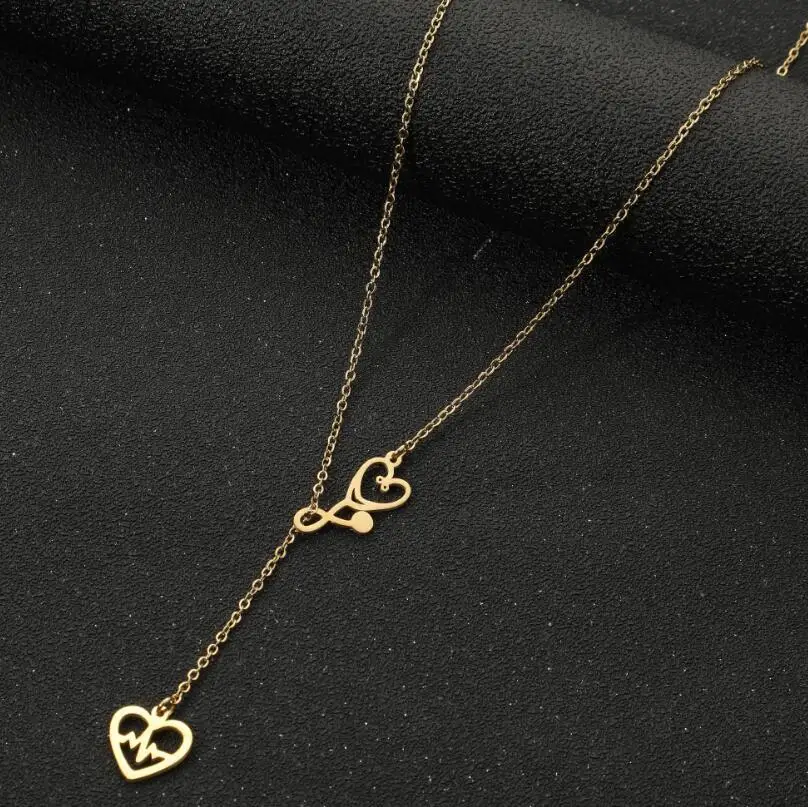 Gold Stethoscope Heartbeat Lariat Necklace, Medical Staff Themed Y-shaped Adjustable Clavicle Chain Jewelry for Women