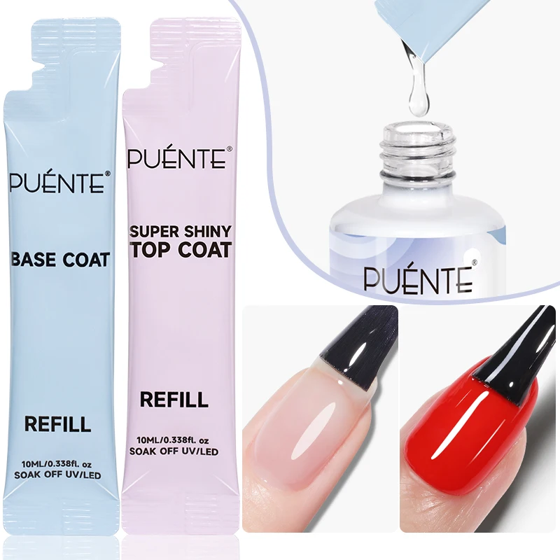 PUENTE 10ML Base Top Coat Refill Gel Nagellak No-Wipe Transparante Glanzende Top Gel Voor Manicure Losweken semi-permanente Vernis