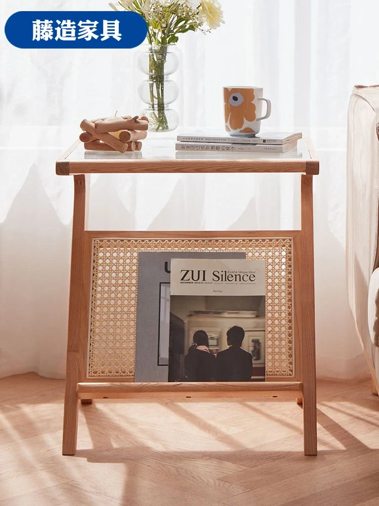 sofas, side tables, bookshelves, small-sized glass, square Japanese-style corners and a few solid wood magazine rack.