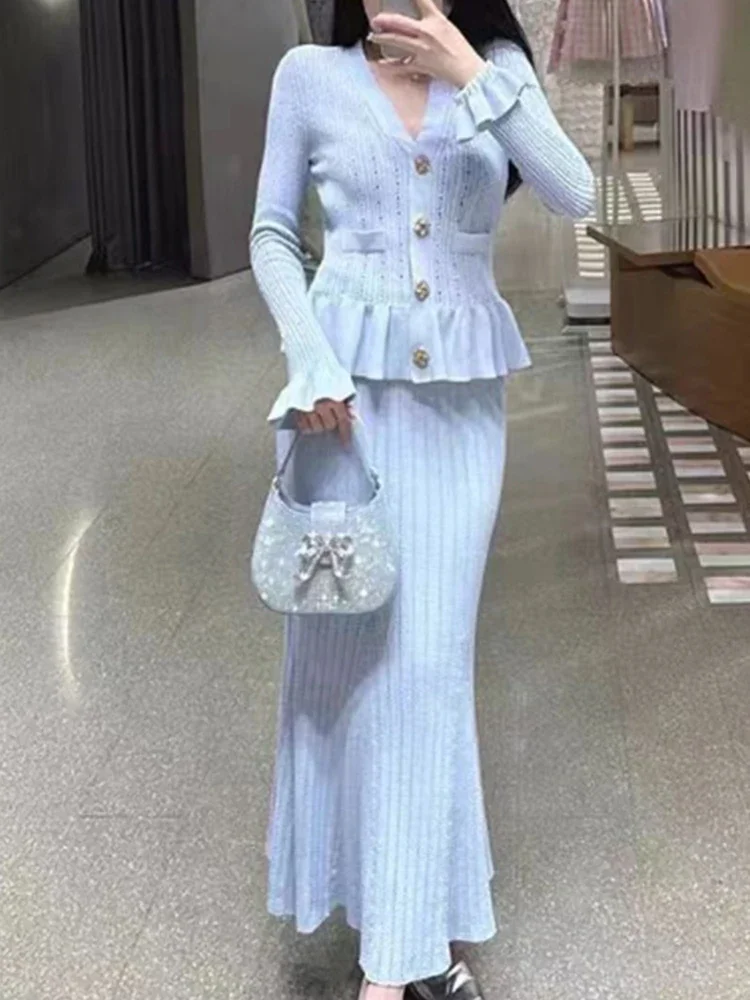 

Черная однобортная трикотажная юбка, элегантная облегающая офисная плиссированная юбка с v-образным вырезом и длинными рукавами, комплект из 2 предметов для женщин, комплекты