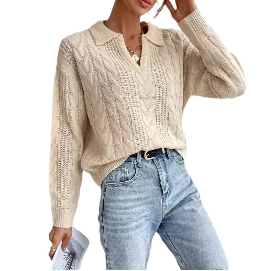 Pull Hiver Femme Lapel V-neck Pullover Autumn Winter Women's New Versatile Ribbed Knitted Sweater Solid Color Top Ladies Clothes