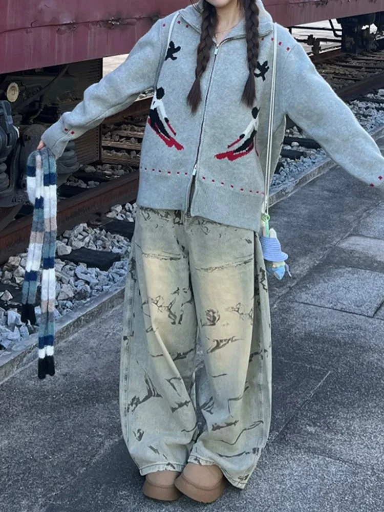 Y2K 커브드 나이프 진 여성용 아메리칸 레트로 그래피티 디스트레스드 워시드 와이드 레그 루즈 플로어 팬츠