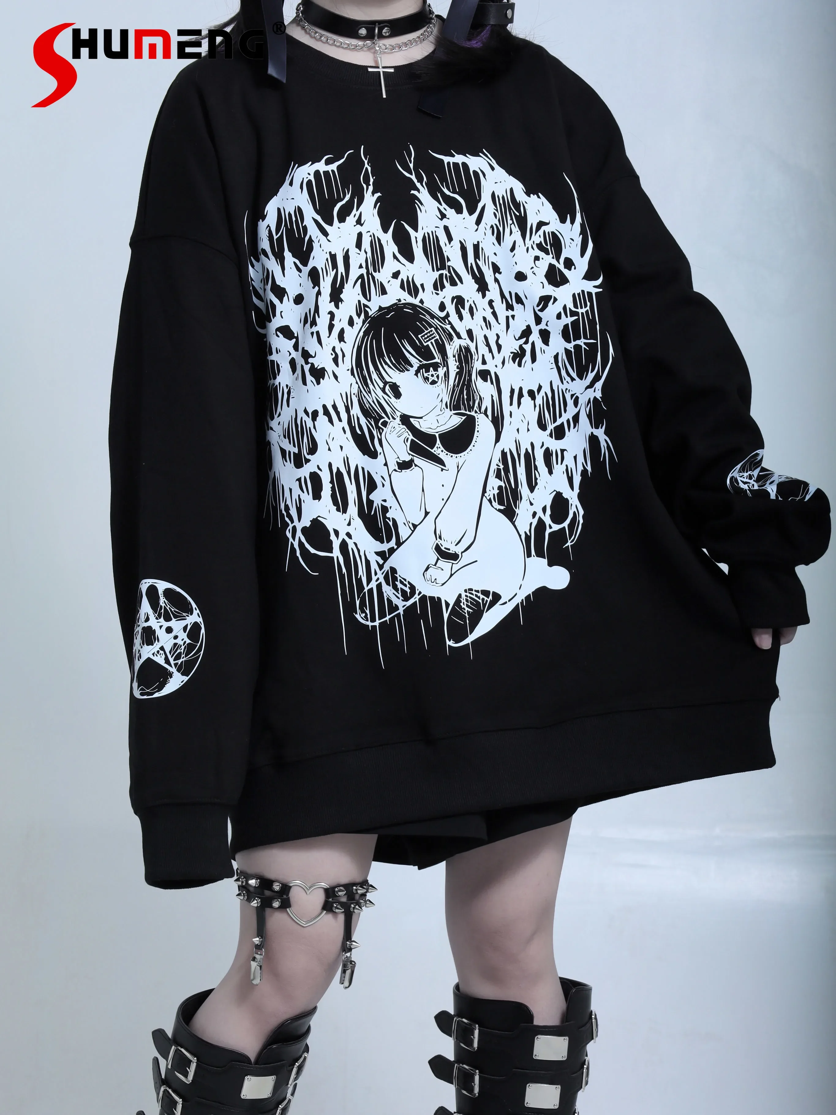 Original Gothic Dark Subculture Mine Girl Loose Mid-length Black Hoodies Female Punk Harajuku Aesthetic Pullover Anime Clothes