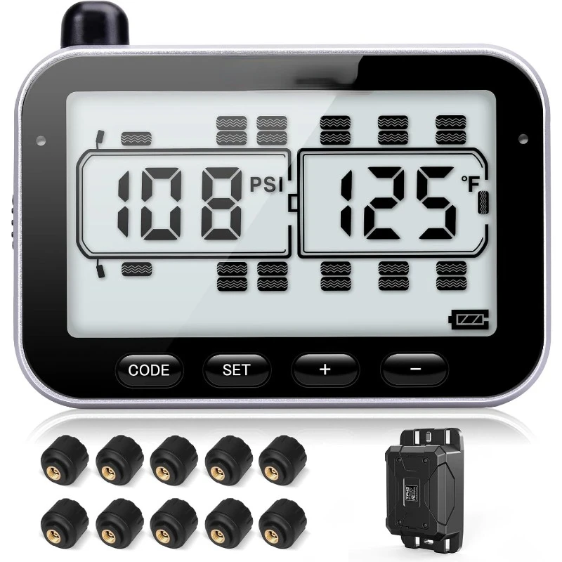 

RV Tire Pressure Monitoring System, RV TPMS, 10 Sensors, 7 Alarm Modes, 14 Days Battery Life, 80ft Sensing Distance