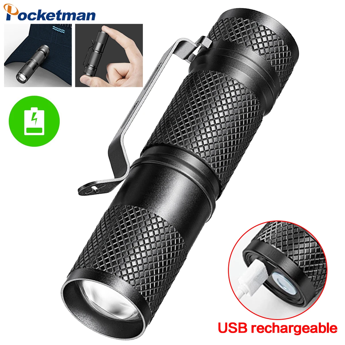 

Portable LED Flashlight Zoomable USB Rechargeable Camping Torch Mini Pen Light with Clip Outdoor Self-defense Pocket EDC Light