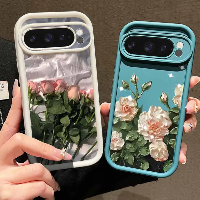 Oil Painting Rose Flowers Case For Google Pixel 10 9 8 7 Pro 8A 7A Pixel 9 10 Pro XL Shockproof Solid Color Silicone Phone Cover