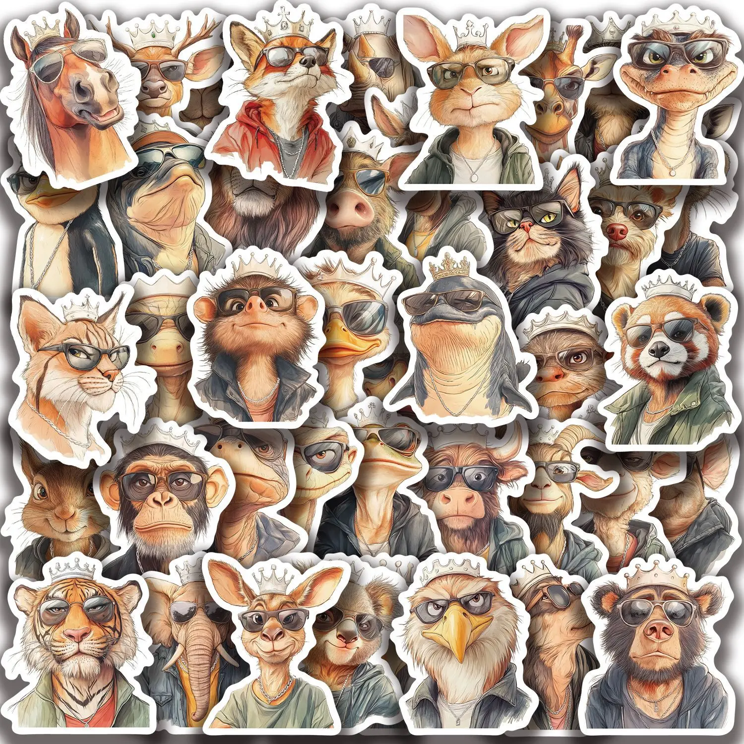 50Pcs Cool King Animal Vector Art Stickers Cartoon Animals Decal DIY Scrapbook Journal Guitar Suitcase Bottle Decorative Sticker