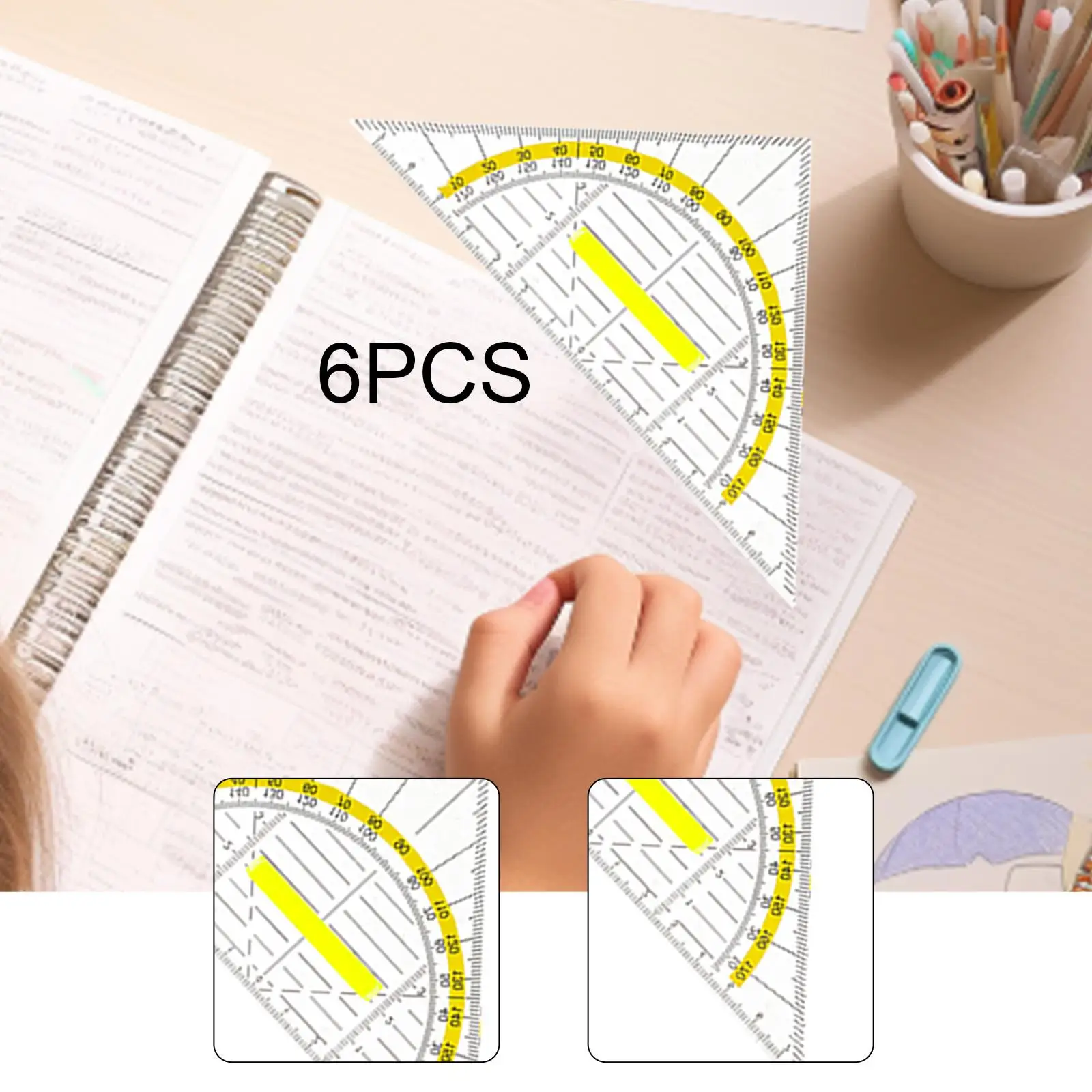 6 Pieces Triangle Ruler And Square Set, Transparent Geometric Measuring Tool with Yellow Scale for Students