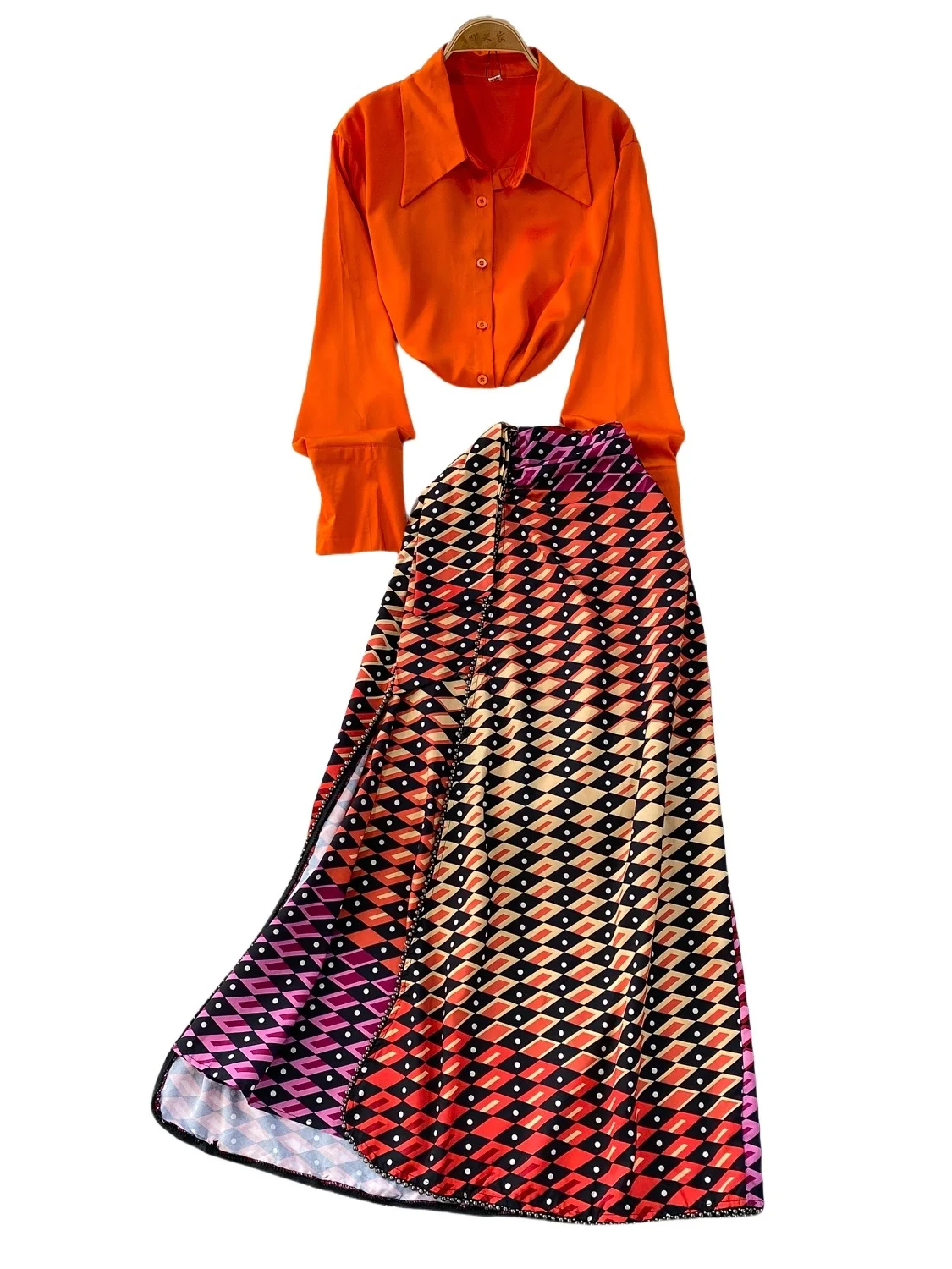 Csa de manga larga naranja a la moda con protección solar y media falda con estampado de cuentas pesadas, conjunto de dos ...
