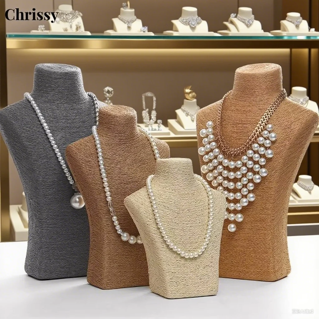 Linen Jewelry Pendants Display Stand - Portrait Showcase Window Shelf Necklaces Holder Bust Mannequin Organizer Rack for Home