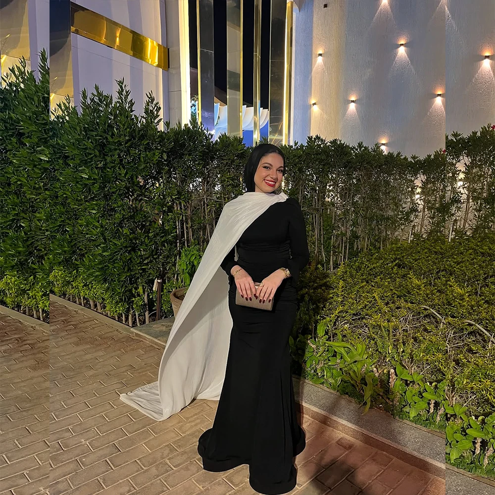 

Muslim Evening Dresses with Cape Long Sleeve Contrast Color Mermaid Formal Occasions Prom Dresses Dubai Long Dress Customized