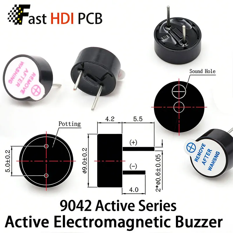 9042 Active Buzzer 3V 5V Small Electronic Sound Alarm Component PBT High Temperature Resistant Slim Design 4.2mm Height for PCB