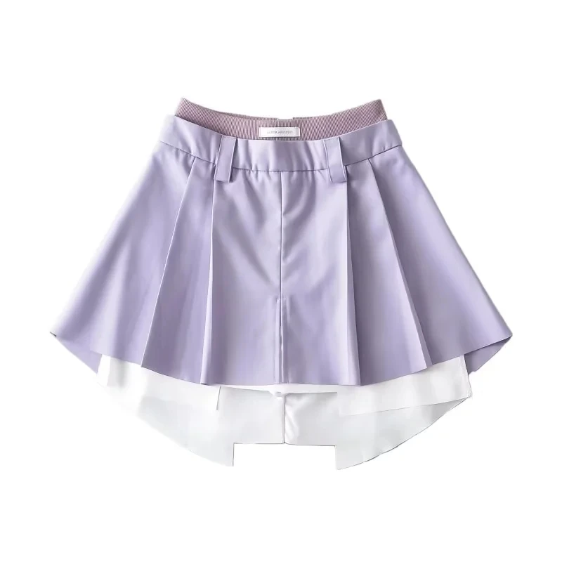 

High Waist A-Line Midi Skirt with Patchwork Pleated Design Fake Two-Piece Anti-Light Walking Casual Sle for Ladies