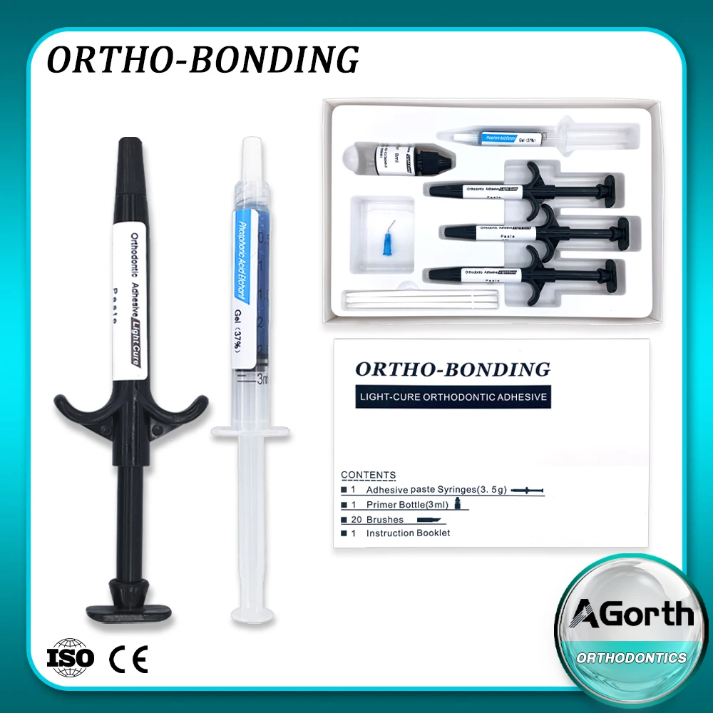 Kit adhésif orthodontique dentaire, Gel acide gravant, pâte photopolymérisable, apprêt pour supports de liaison, bretelles