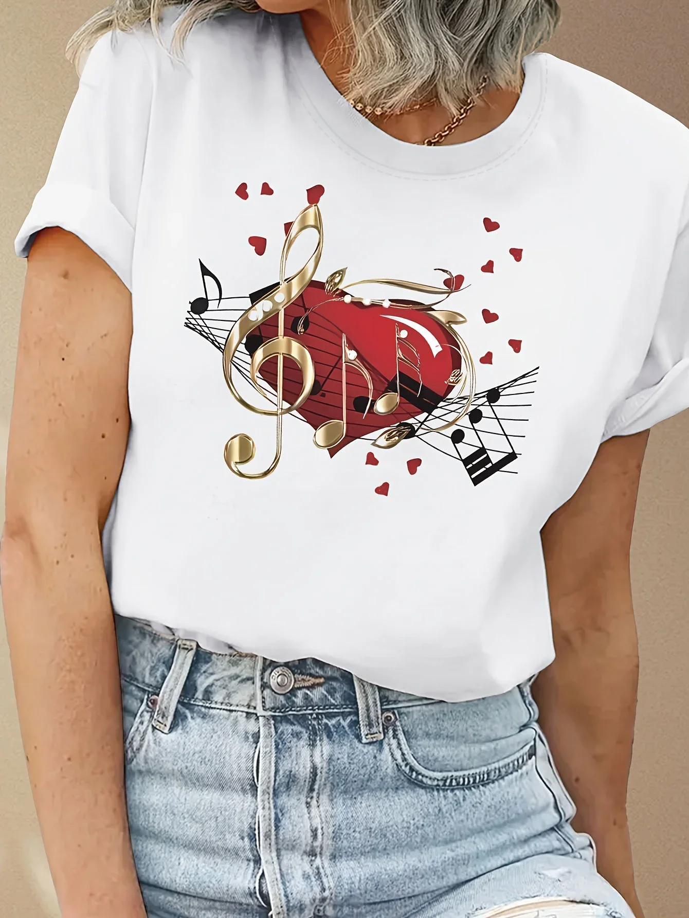 

Women's T-shirt Short Sleeve Music Heart & Notes Graphic Print Crew Neck Casual Top For Summer & Spring