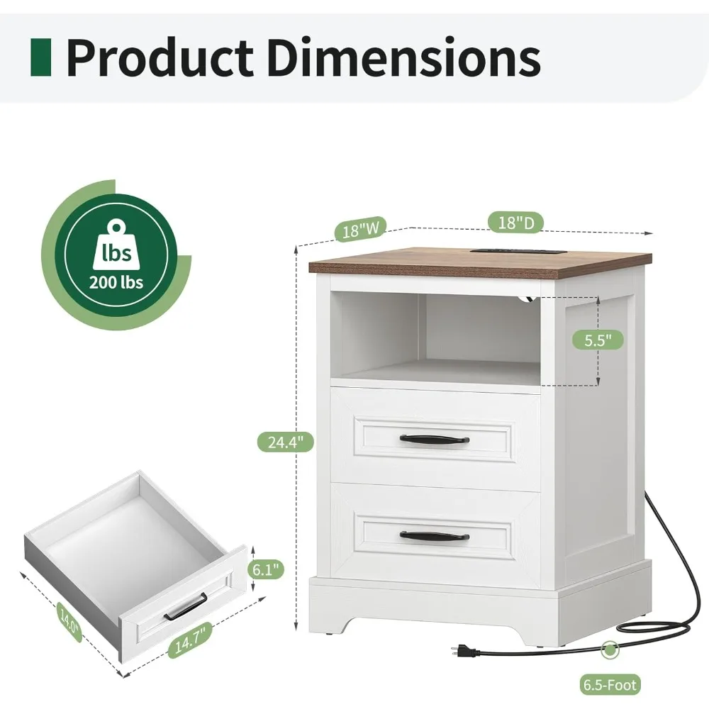 Farmhouse Nightstand with Charging Station, Wood Night Stand Set 2, 2 Drawer Nightstands Set of 2, Bedside Table with Storage, R