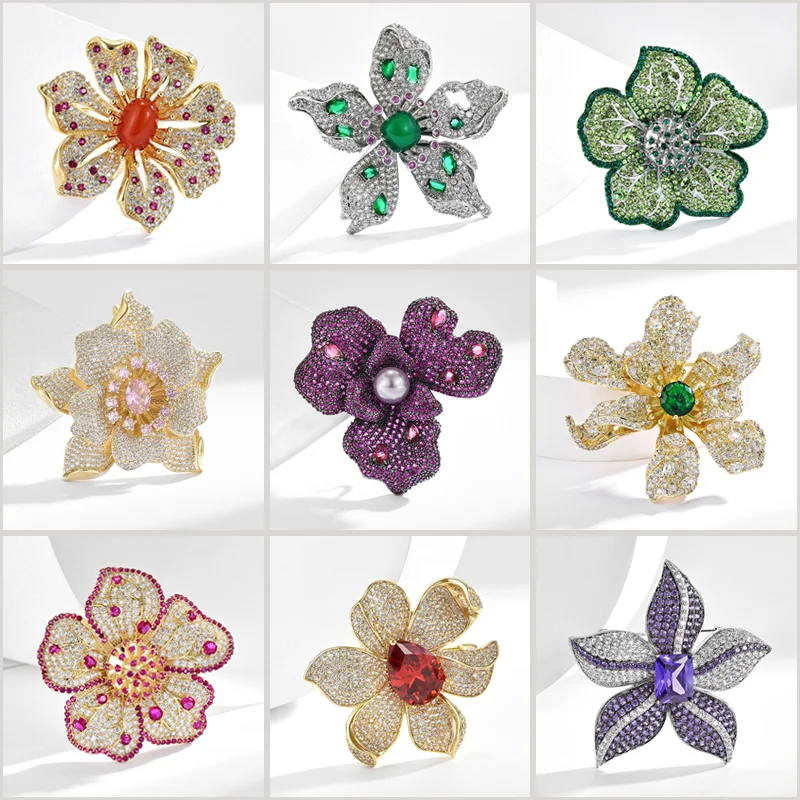 Spring New Exquisite Luxury Green Full of Zircon Flower Brooches for Women Elegant Colorful Corsage Dress Coat Accessories Pins