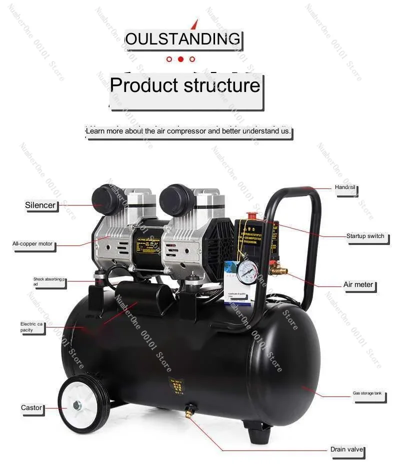 2200W 50L 200L/min 0.7Mpa Single Air Inlet Air Compressor  Pump Oil-free Black Carpenter Paint Dental Auto Repair