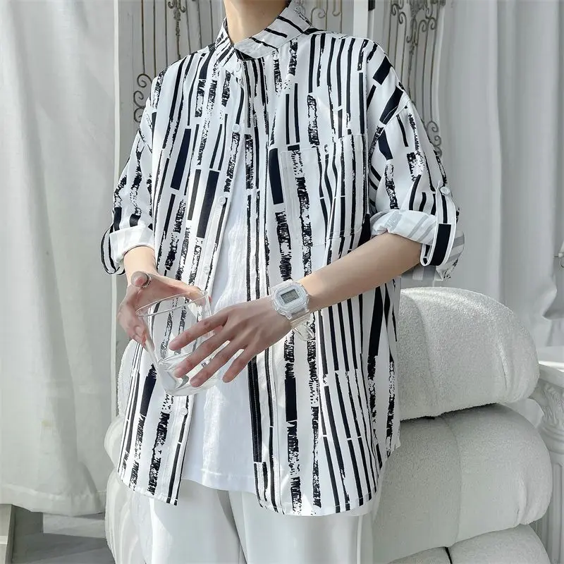 

Ice Silk 7-quarter Sleeve Stand-up Collar Shirt Men Personality Fashionable Printed Loose Cardigan