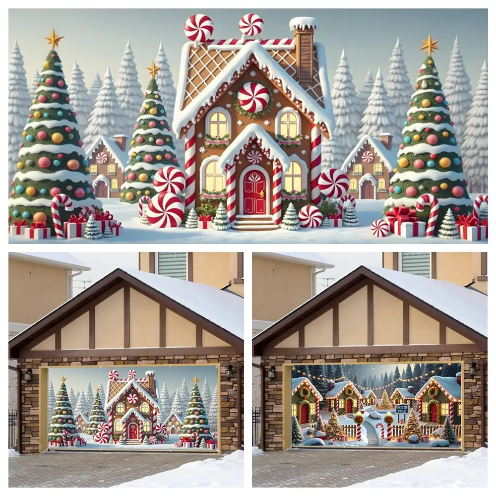 

Snow Forest Gingerbread House Scene Garage Door Banner Christmas Winter Large Hanging Backdrop Indoor Outdoor Party Decoration