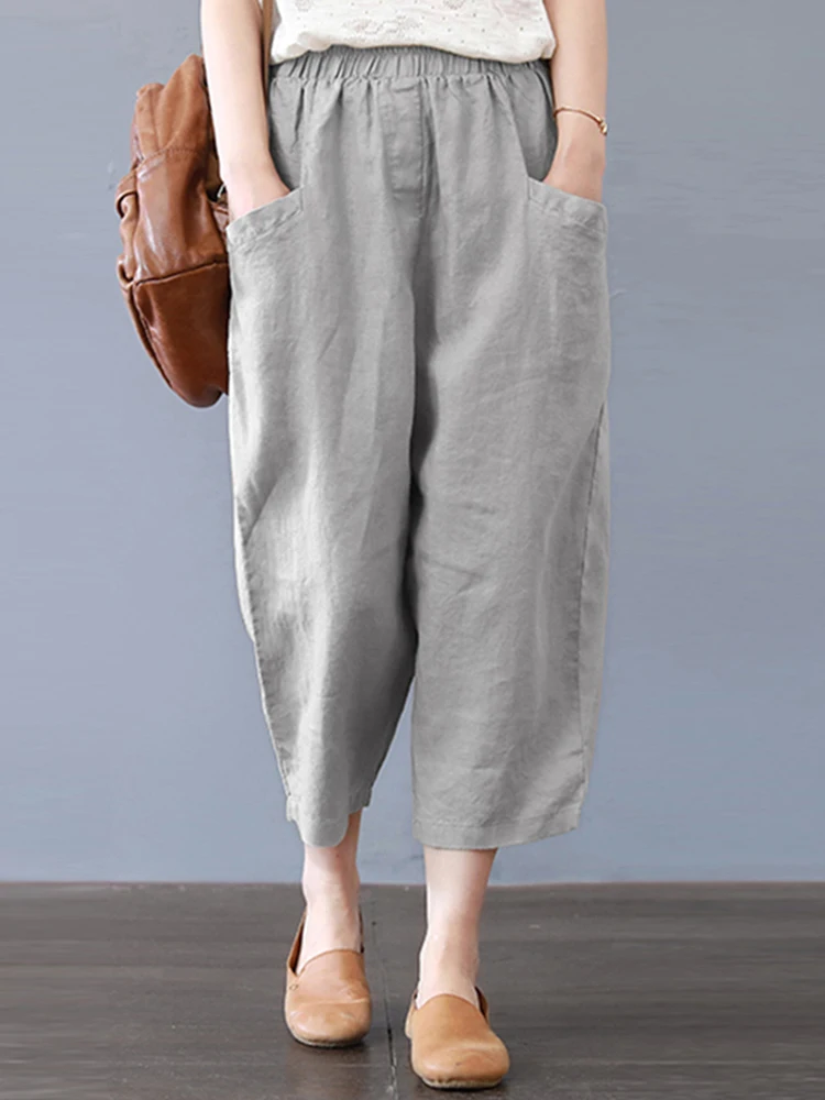 ZANZEA-Pantalones largos tipo caftán para mujer, pantalón bombacho liso con cintura elástica, estilo Palazzo, informal, de gran tamaño, de algodón,