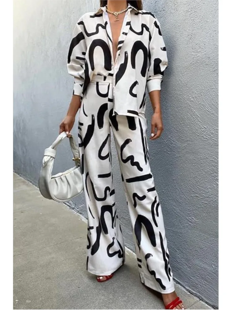 Autumn New Printed Two Piece Set For Women Long Sleeve Casual Shirts Wide Leg Pant Sets Fashion Sports Style 2 Piece Sets Outfit