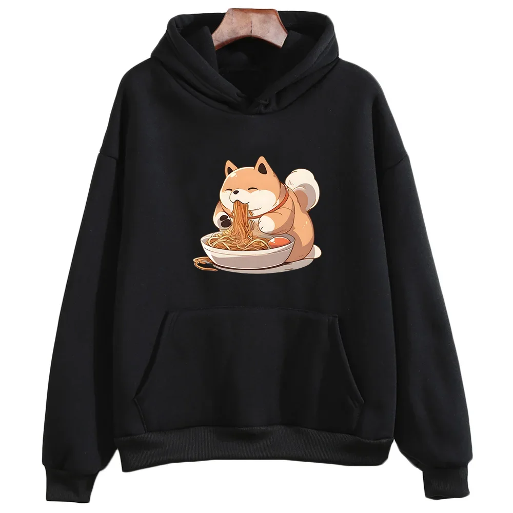 Shiba Inu Enjoying Ramen Print Clothes Kawaii Dog Graphic Hoodies Autumn Female Male Fleece Sweatshirt Loose Casual Pullovers