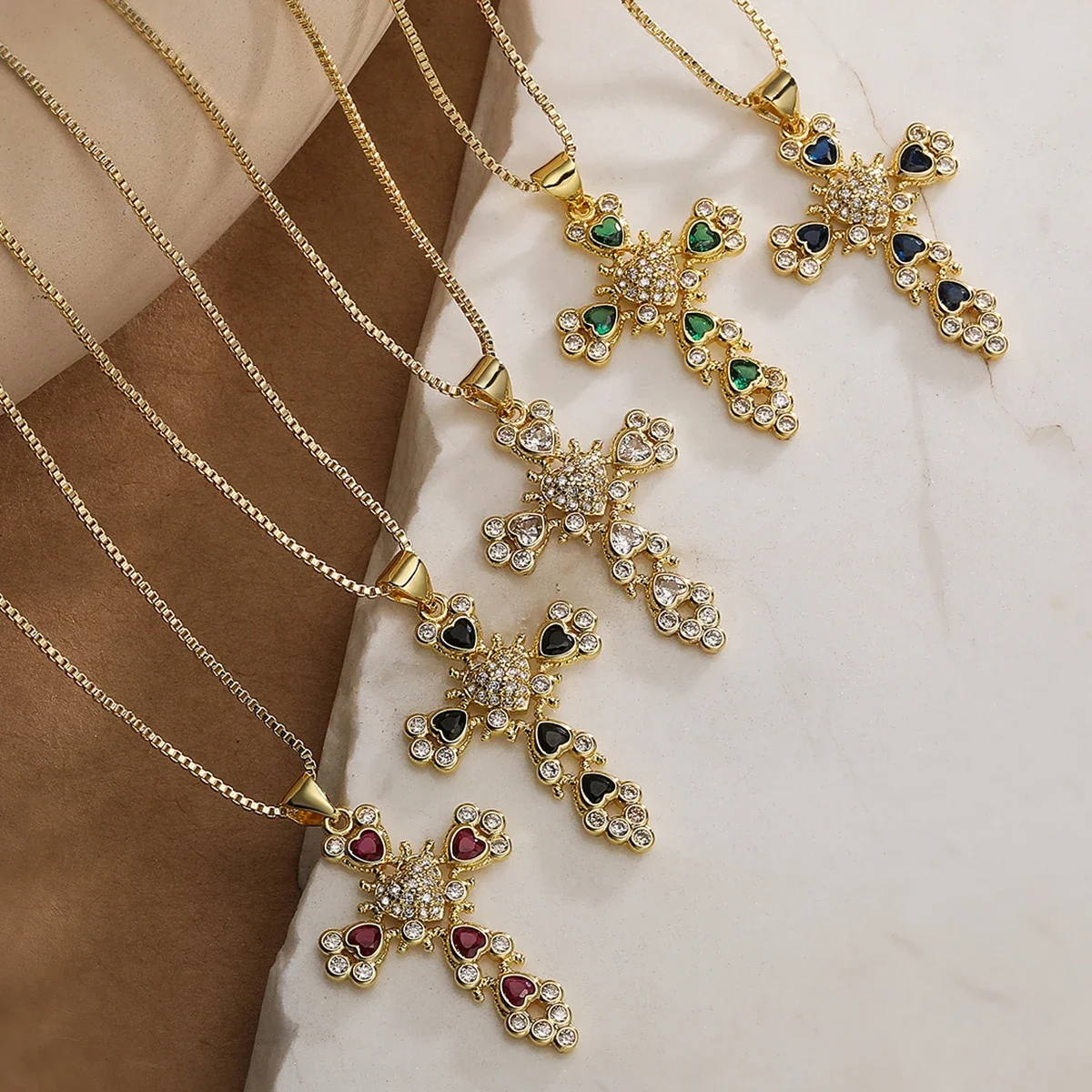 Vintage Heart CZ Large Cross Pendant Necklace 5 Colors Gold Box Chain Fashion Stackable Statement Jewelry