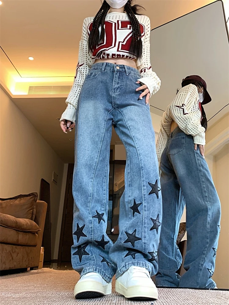 Women's Multiple Star Patterns Streetwear Blue Baggy Jeans Hiphop Cool Girl High Waisted Trouser Female Wide Leg Denim Pants