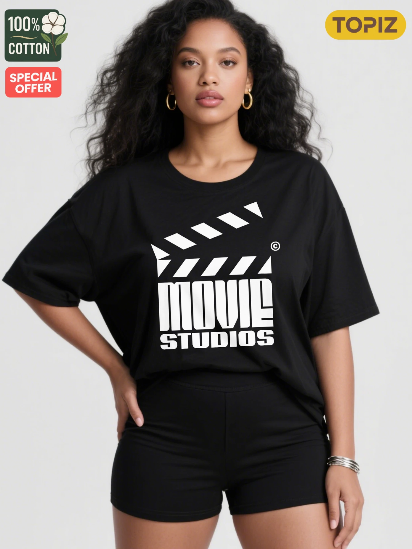 T-Shirt à manches courtes et col rond pour femme, haut décontracté, T-Shirt graphique, studios de films avec Design Clapboard, 1 pièce