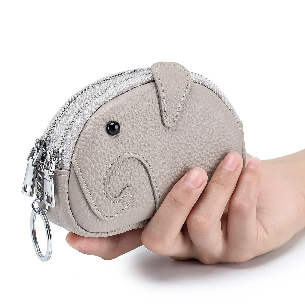 A9922 Versatile Girls First Layer Cow Leather Cute Mini Baby Elephant Double Zipper Key Ring Lady Lovely Neat Handbag Coin Purse