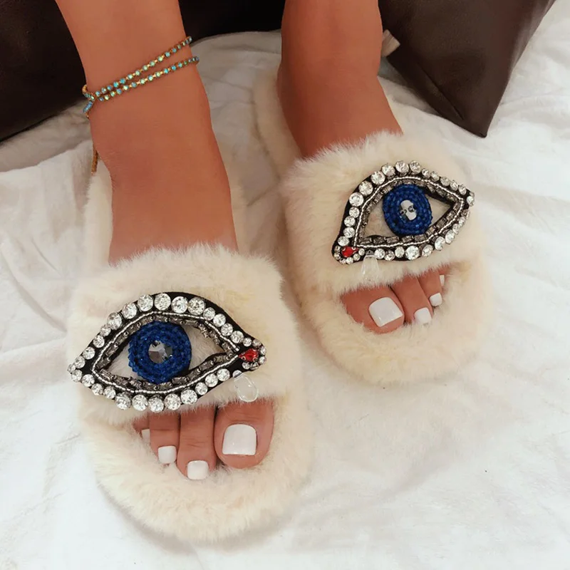 Size Plush Women\'s Shoes In Autumn And Winter Wear Cotton Slippers Fashion Devil Eyes Faux Fur Slippers Indoor Home Floor Shoes