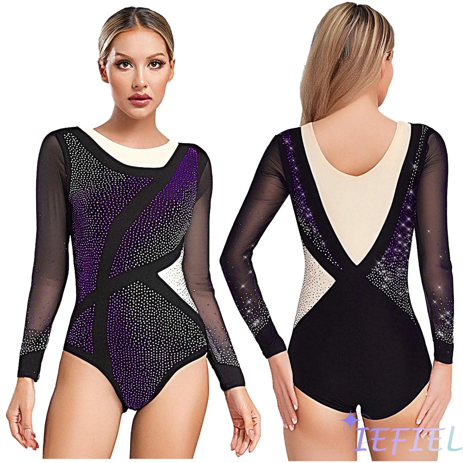 

Womens Gymnastics Ballet Dance Leotard Shiny Rhinestone Mesh Patchwork Openable Crotch Bodysuit Ballet Figure Skating Jumpsuit